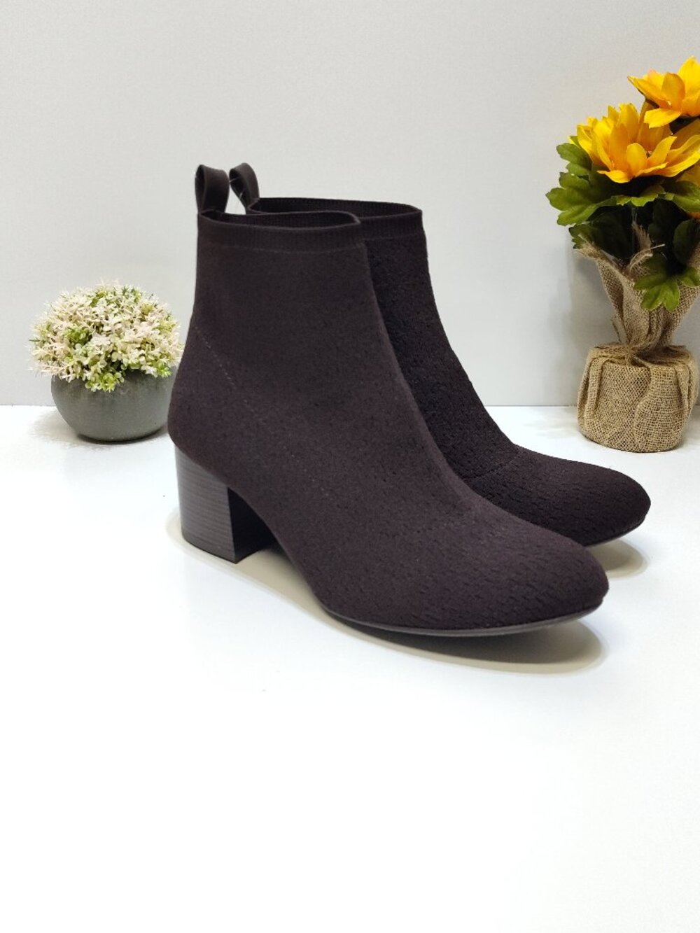 Time and Tru Knit Ankle Boots Womens 11 Stretch Sock Bootie Mid Block Heel Chic